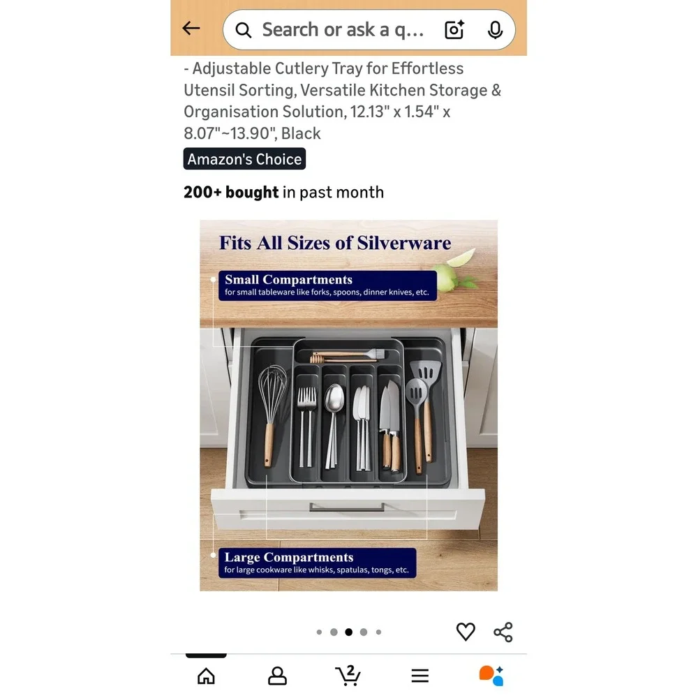 Set of 2 Kitsure Adjustable Utensil Organizer Kitchen Drawer Storage Tray Black‎